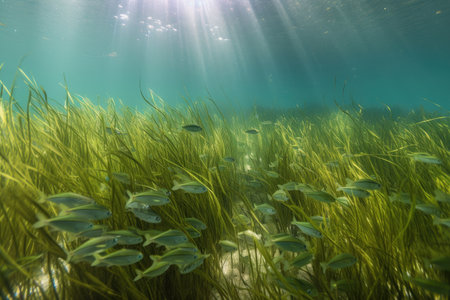 underwater view of school of fish swimming among aquatic plants and seagrasses, created with generative aiの素材