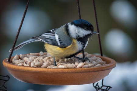 feeder with sunflower seed for yellow-bellied chickadees, created with generative aiの素材