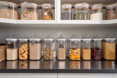 a sleek and modern kitchen, with well-organized food storage containers and baskets, created with generative aiの素材