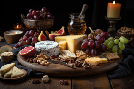 rustic wooden platter filled with cheeses, fruits, and crackers for easy entertaining, created with generative aiの素材