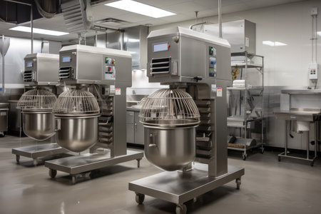 baking equipment on an industrial scale, with towering ovens and mixers, created with generative aiの素材