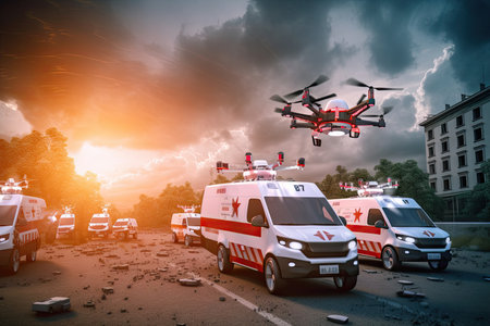 emergency vehicle with sirens blaring, surrounded by swarm of autonomous drones carrying medical supplies, created with generative aiの素材