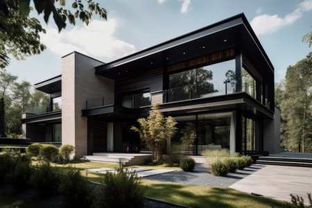 modern residential home with sleek lines and minimalistic design elements, created with generative aiの素材