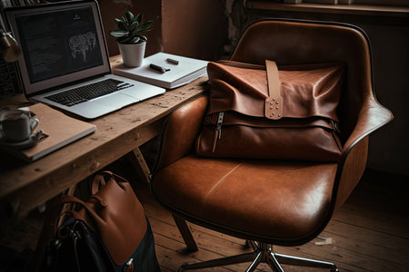 a brown leather chair in an office, with a laptop and papers on the armrests, created with generative aiの素材