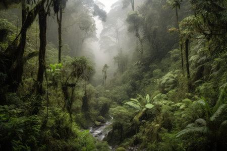 forest in cloud forest, surrounded by mist and waterfalls, created with generative aiの素材