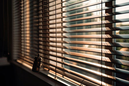 close-up of automated blinds, with the sunlight shining through, created with generative aiの素材