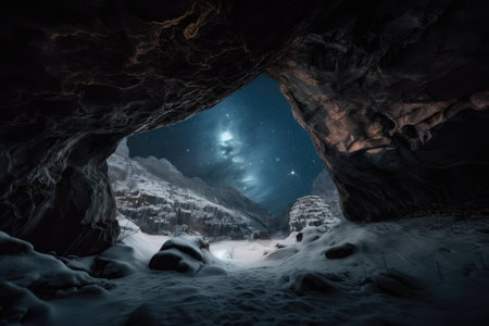 frozen cavern, with view of the night sky and stars visible through hole in the ceiling, created with generative aiの素材