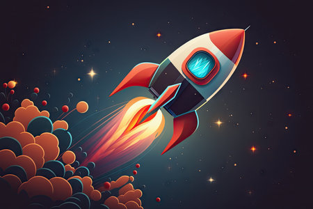 cartoon rocket, with red and blue flames bursting from the bottom, flying across starry sky, created with generative aiの素材