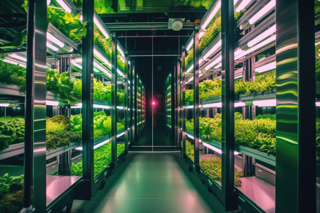 modern and sleek vertical farming system, growing fresh produce in an urban setting, created with generative aiの素材