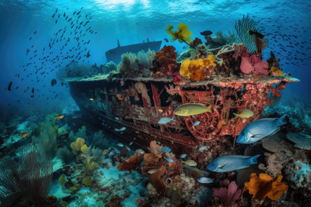 submersibles view of colorful coral reef, with schools of fish swimming nearby, created with generative aiの素材