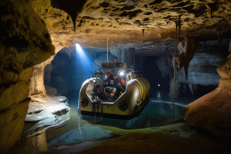 submersible in underwater cave system, surrounded by towering rock formations, created with generative aiの素材