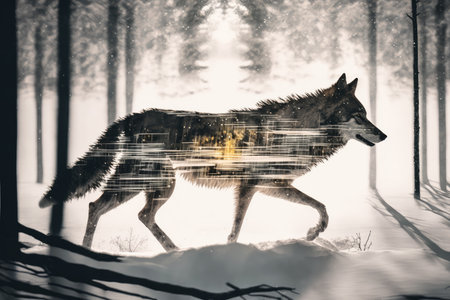 double exposure of wolf running through snow-covered forest, created with generative aiの素材