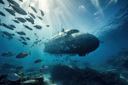 submersible exploring unknown and mysterious world, with schools of fish swimming past, created with generative aiの素材