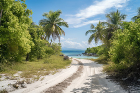 off-the-beaten-path destination with clear blue waters, white sand beaches, and palm trees, created with generative aiの素材
