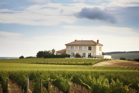 french country house exterior, with view of vineyards and rolling hills in the distance, created with generative aiの素材