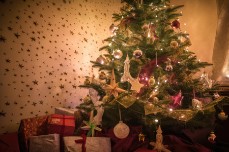 decorated coniferous tree with presents and star in the background, created with generative aiの素材
