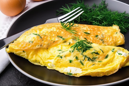 plate of perfectly cooked omelette with fresh herbs and cheese, created with generative aiの素材