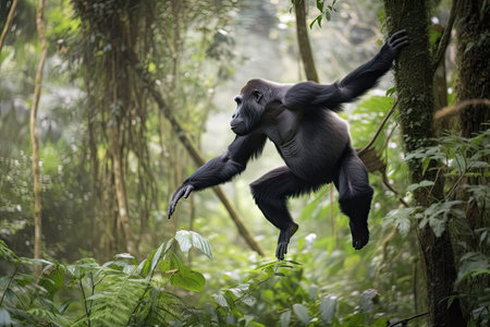 gorilla jumping from branch to branch in lush rainforest, created with generative aiの素材