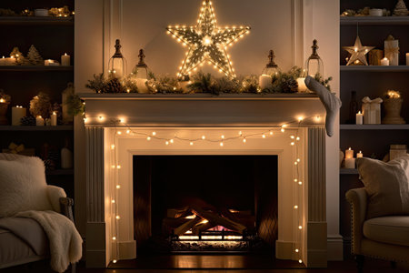a magical fireplace with twinkling lights and a star on the mantel, surrounded by festive ornaments and stockings, created with generative aiの素材