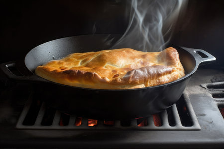 a meat pie in a cast iron skillet with steam rising from the crust, created with generative aiの素材