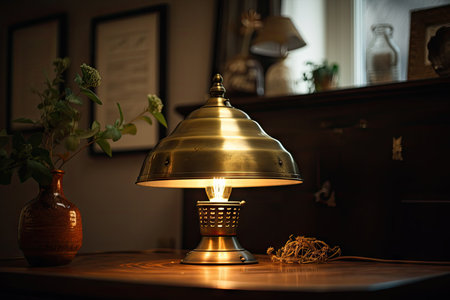 a vintage brass lampshade with a warm glow of light, created with generative aiの素材