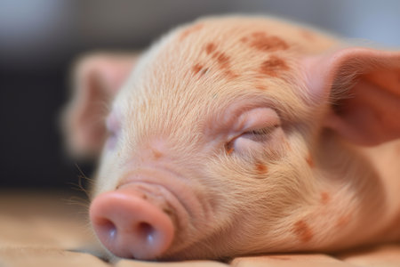 close-up of little piglets face, with its eyes closed and its snout puffed up in a nap, created with generative aiの素材