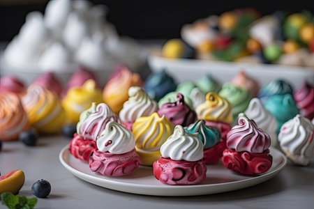 meringue cookies, with variety of delicious and colorful toppings, created with generative aiの素材