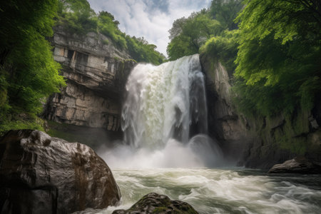 majestic waterfall cascading over rocks in dramatic display of natures power, created with generative aiの素材