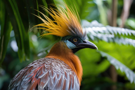 close-up of exotic bird with its feathers in full display, surrounded by lush greenery, created with generative aiの素材