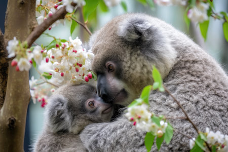 mother koala nuzzling its baby, with the tree and blooming flowers in the background, created with generative aiの素材