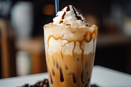 close-up of iced coffee latte, with foamy milk and drizzle of chocolate syrup, created with generative aiの素材