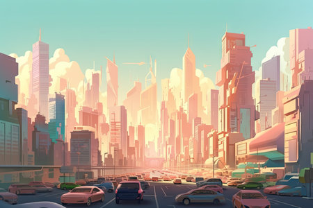cityscape of bustling metropolis with towering skyscrapers and hovercars, created with generative aiの素材