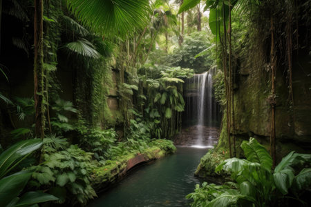 tropical waterfall surrounded by lush greenery and palm trees, created with generative aiの素材