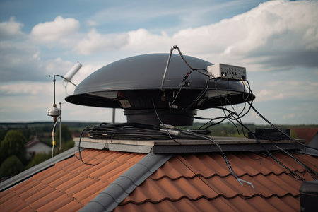 close-up of satellite dish securely mounted on the roof, with cables and wires running down the side, created with generative aiの素材