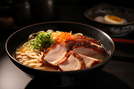close-up of warm and savory bowl of tonkotsu ramen, with floating slices of roast pork and scallions, created with generative aiの素材