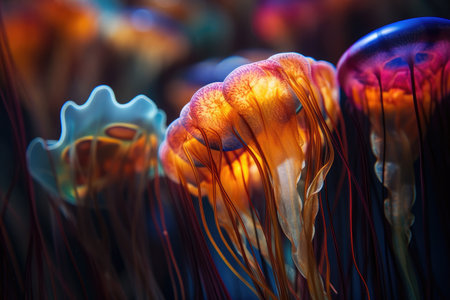 close-up of jellyfish tentacles, with their intricate and colorful design visible, created with generative aiの素材