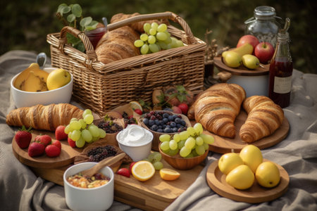breakfast picnic basket overflowing with pastries, fruit and coffee, created with generative aiの素材