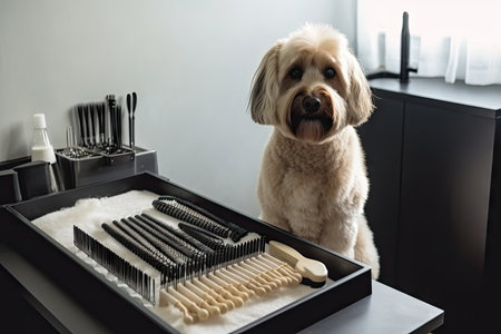 professional groomer, with tray of tools and supplies, and shaping dogs fur, created with generative aiの素材