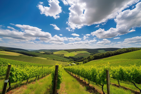 vineyard surrounded by rolling green hills, with blue sky and clouds in the background, created with generative aiの素材