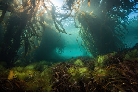 kelp forest with schools of fish, squid and octopuses, created with generative aiの素材