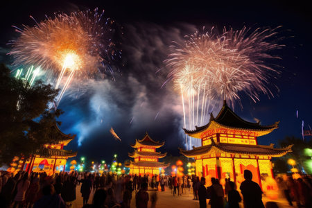 night festival, with lanterns and fireworks illuminating the air, created with generative aiの素材