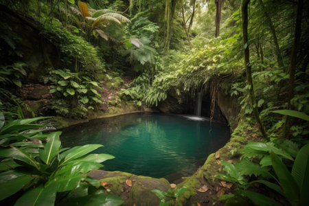 lush jungle with waterfall and pool, ideal for swimming, created with generative aiの素材