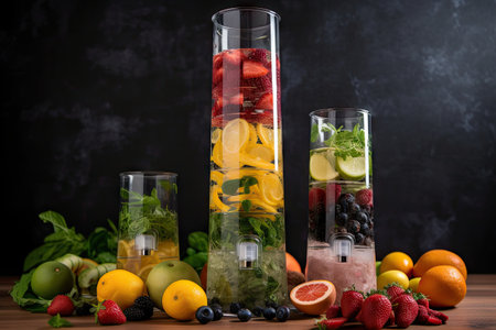 tower of fruit-infused water, with variety of fruits and herbs for flavor and health benefits, created with generative aiの素材