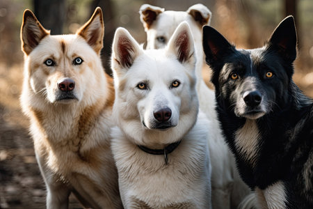 a pack of dogs looking at the camera, their eyes shining, created with generative aiの素材