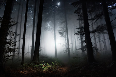 foggy forest at night, with moon and stars shining through the trees, created with generative aiの素材