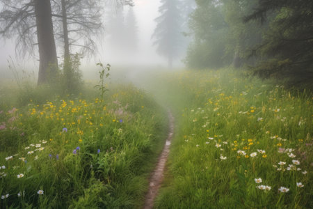 walking trail through misty meadow with blooming wildflowers, created with generative aiの素材