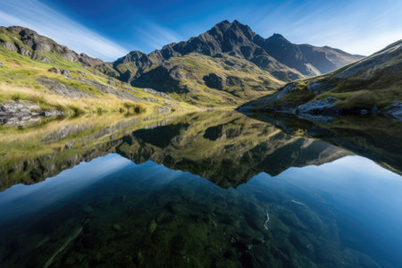 reflection of the crystal-clear lake on the surrounding mountain range, created with generative aiの素材