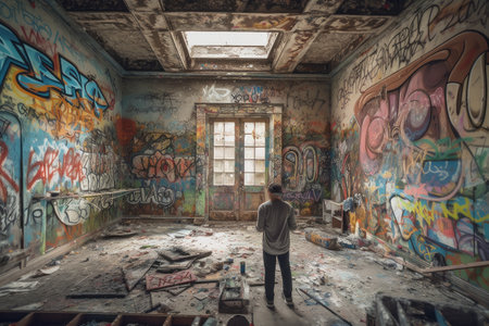 person, creating intricate and vibrant piece of graffiti art on abandoned building, created with generative aiの素材
