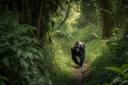 gorilla walking through lush green forest, surrounded by nature, created with generative aiの素材