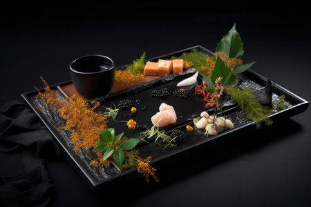 food presentation on a black tray with natural elements, created with generative aiの素材